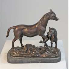 A0797 Bronze Horse and Baby Foal Statue on Marble Base