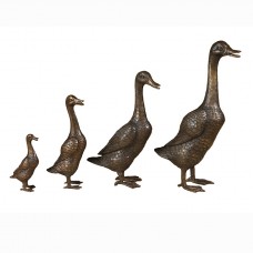 A0882  Family Of Four Ducks In A Row Bronze Statues