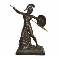A1161 Bronze Roman Soldier Aiming Spear on Marble Base