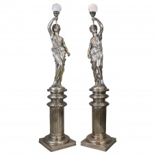 A2275 Pair of Monumental Classical Roman Bronze Lady Sculpture Torchiere Lamps on Doric Column Bases