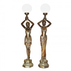 A2738 Pair Of Large Bronze French Art Deco Girl Torchiere Lamps