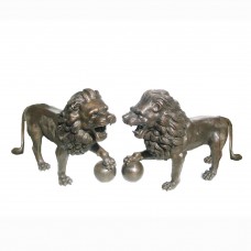 A3476 Pair of Bronze Guardian Lions Stepping on Ball