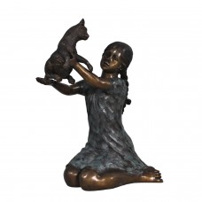 A4839 Young Bronze Girl Playing w. Cat