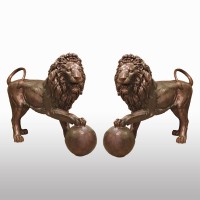 A5249 Pair of Life Size Bronze Guardian Lions Stepping on Ball