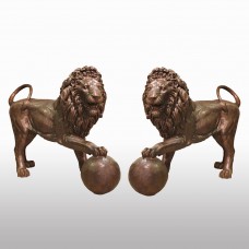 A5249 Pair of Life Size Bronze Guardian Lions Stepping on Ball