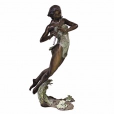 A6039  Unique Bronze Fountain Of A Girl  in The Surf Playing A Flute