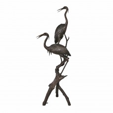 A6389  Monumental Large Bronze Fountain Of Two Cranes Sitting On A Tree Branch