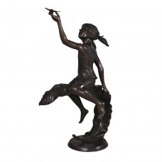 A7016 Bronze Girl Sitting on Leaf Holding a Butterfly