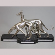 HM2366 Two Silver Bronze Traveling Greyhound Dogs on Marble Bases
